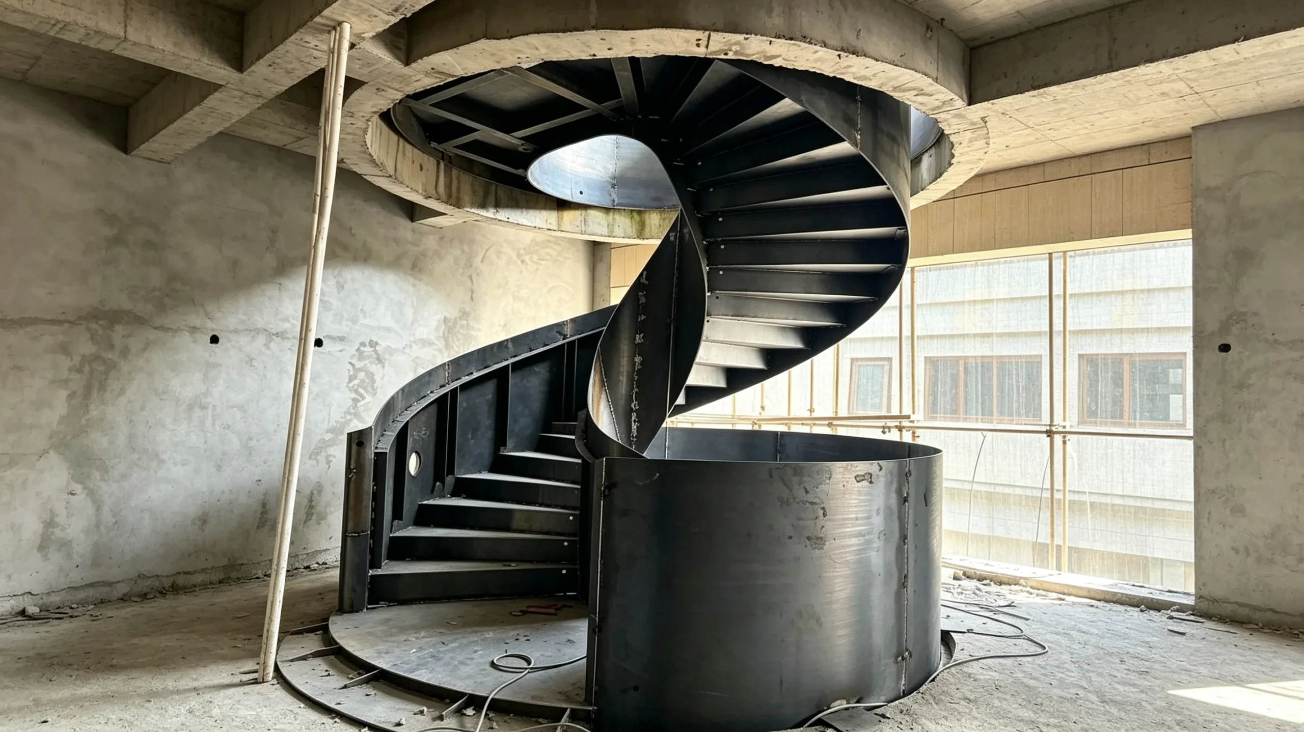Custom helical steel staircase progressing from design development to installation in a luxury residence