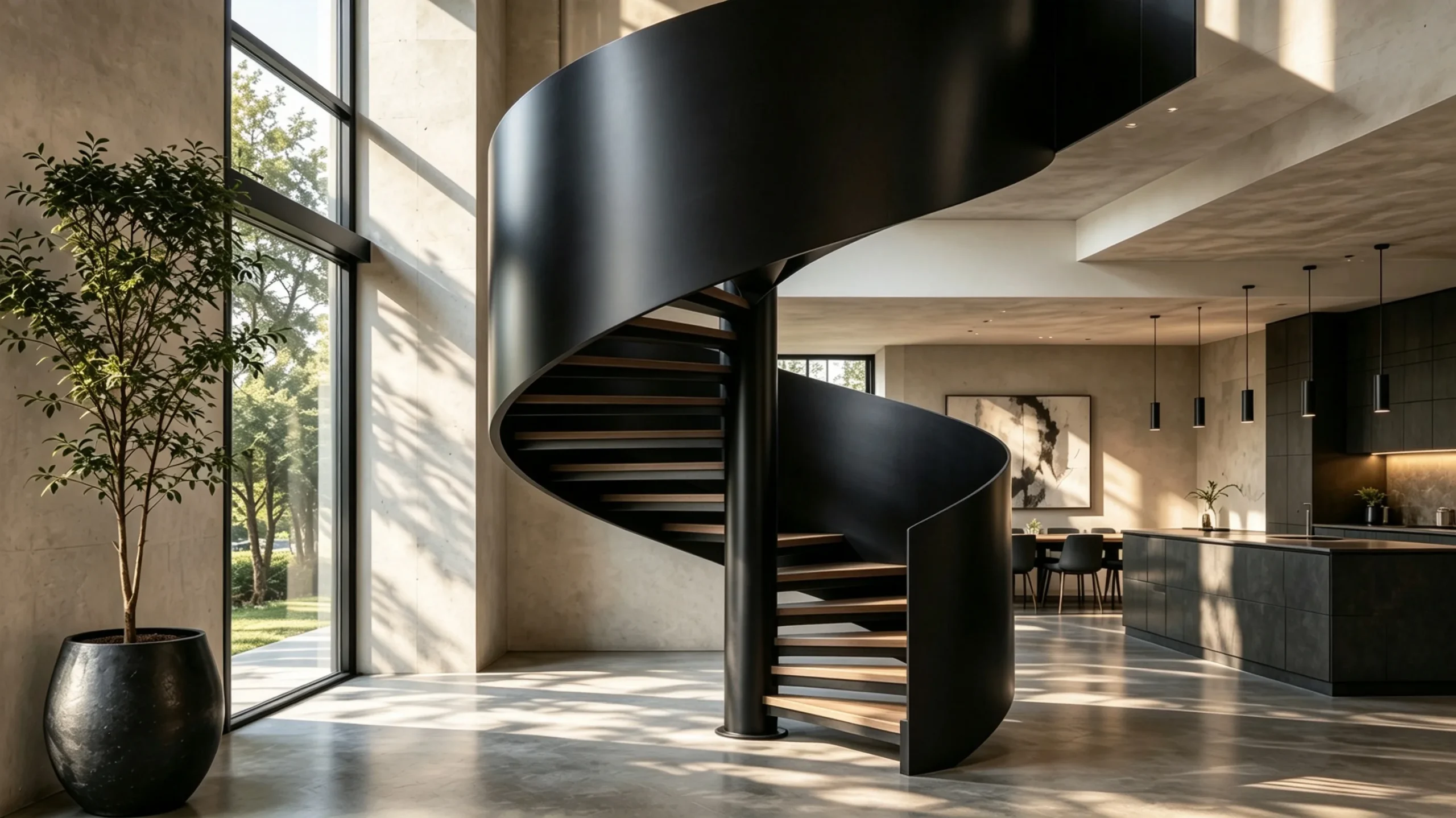 Custom helical steel staircase for a luxury residence