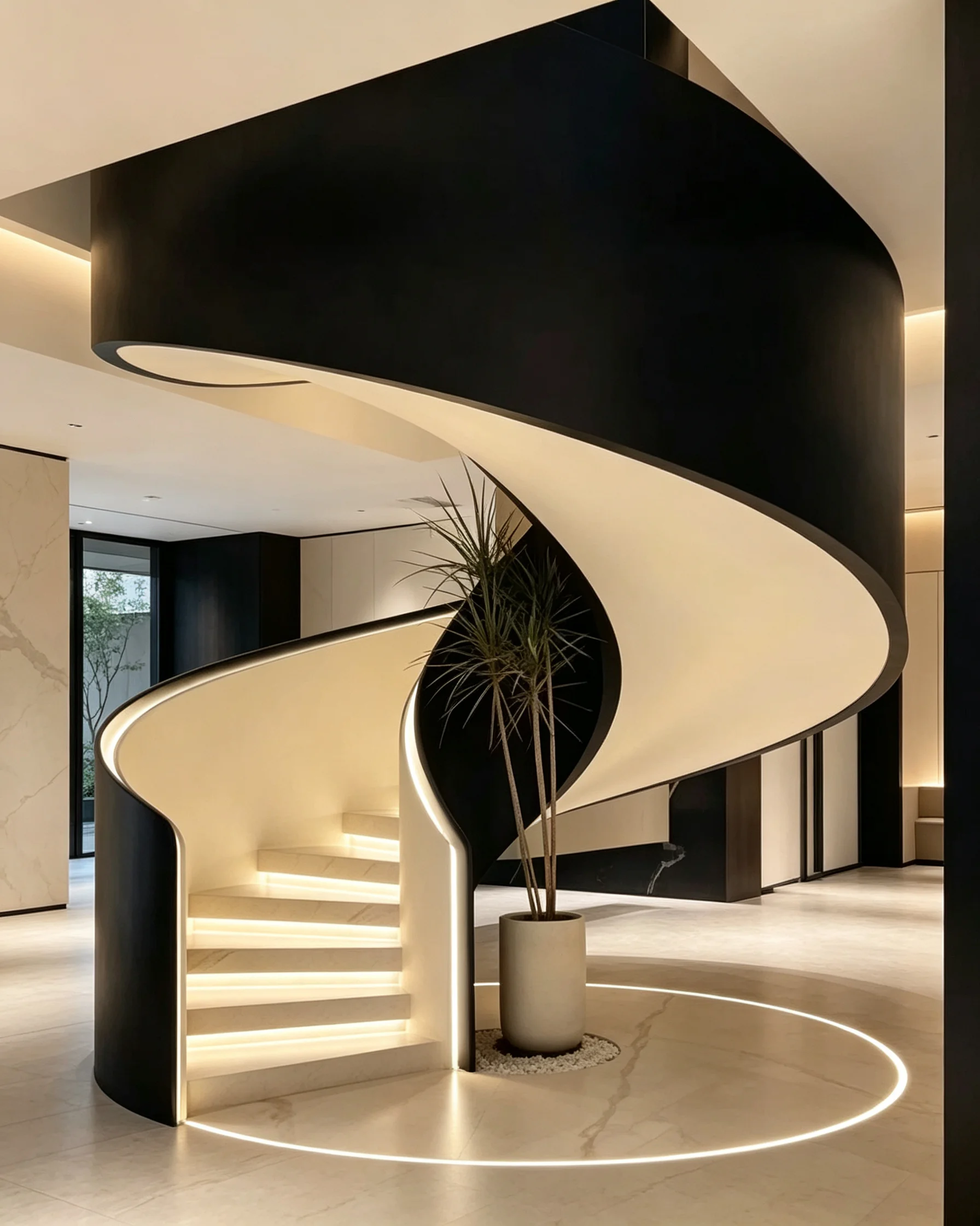 Custom helical steel staircase without a central support column