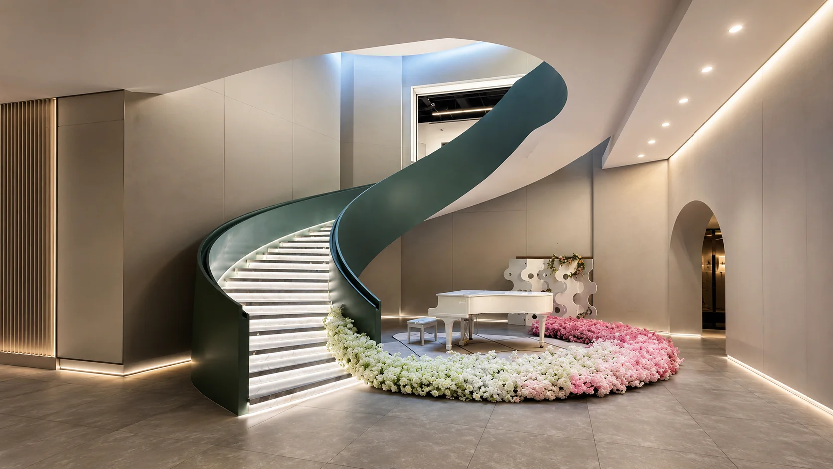 Sculptural curved and helical steel staircase in a luxury residence