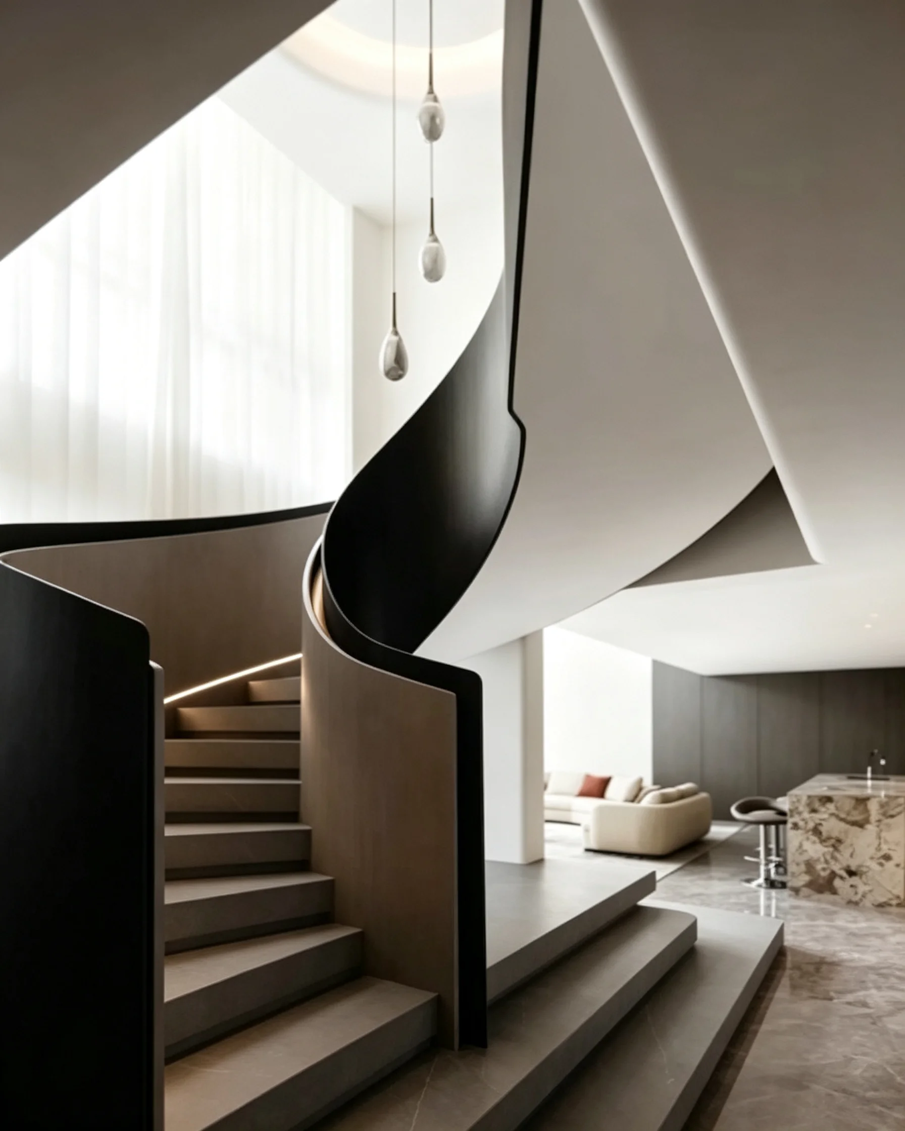 Luxury custom helical steel staircase designed as part of a private residence architecture