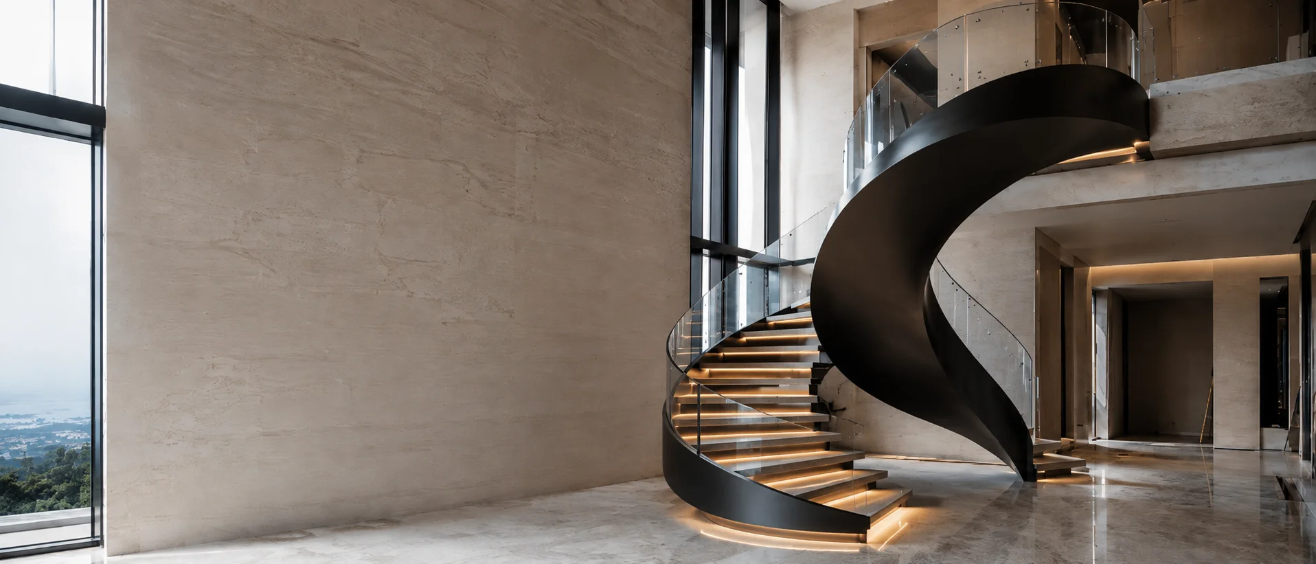 Luxury curved and helical steel staircase with glass railing and integrated lighting