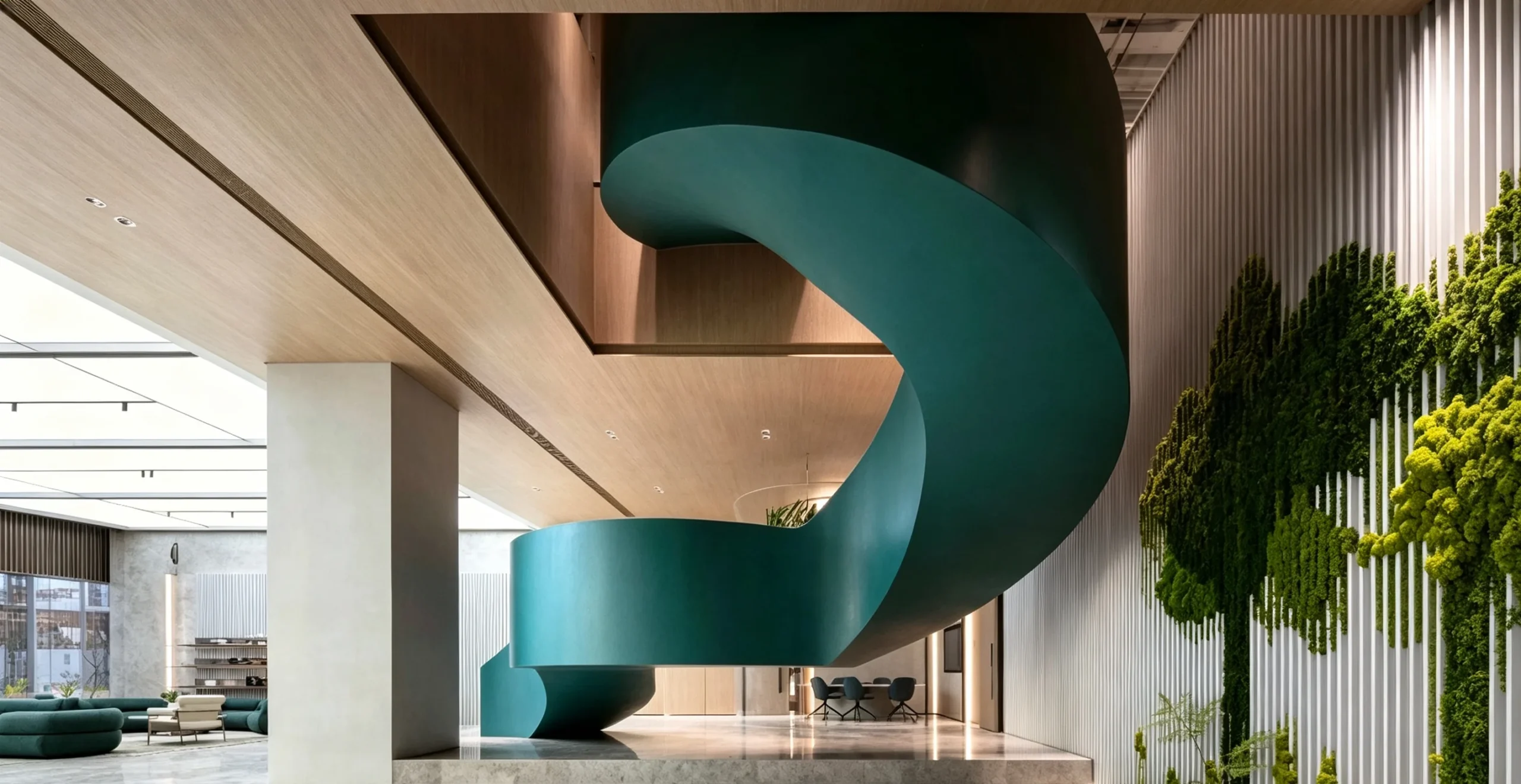 Sculptural green helical staircase designed as an architectural centerpiece in a luxury interior