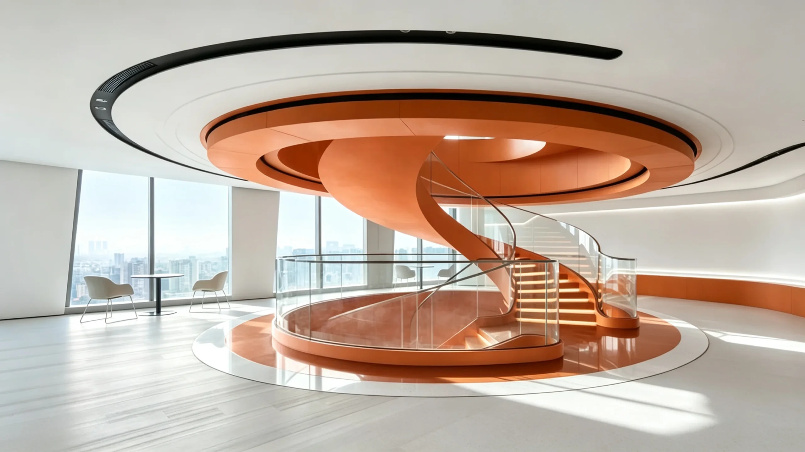 Sculptural custom helical steel staircase with glass railing developed around contemporary architecture