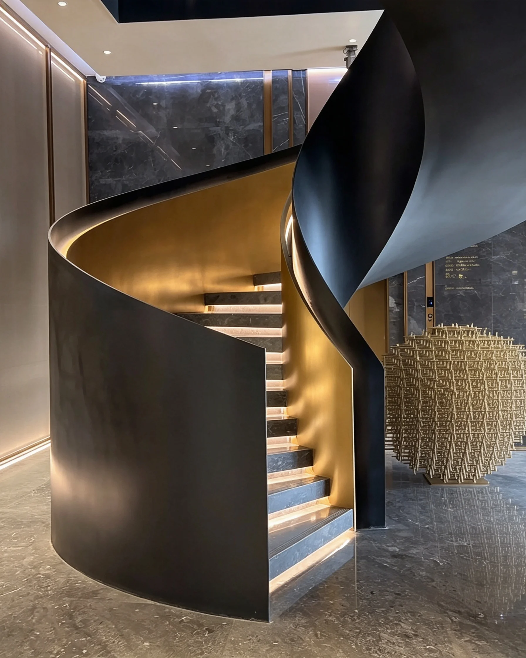 Custom helical steel staircase in a luxury private residence