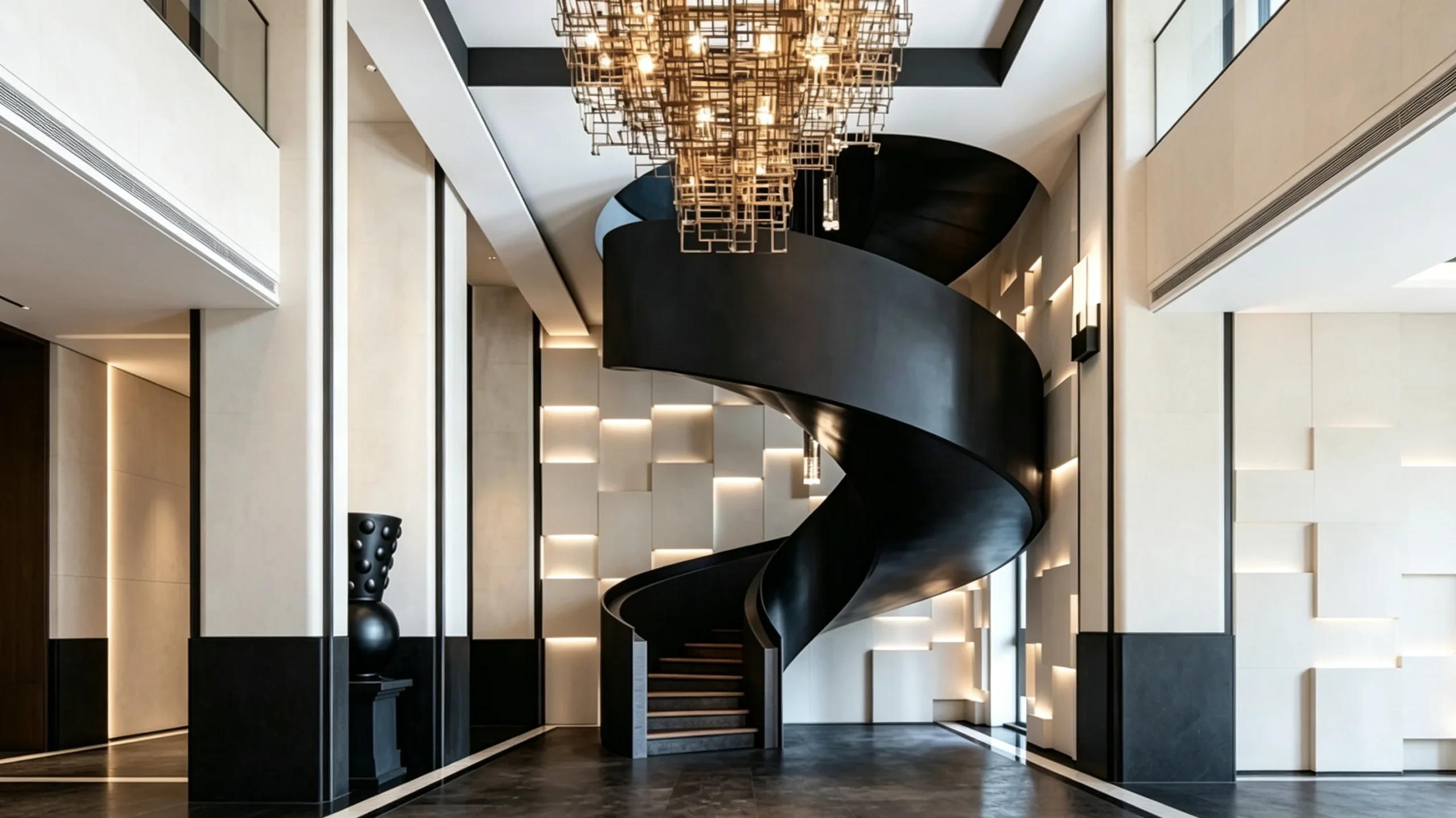 Sculptural helical steel staircase in a luxury private residence