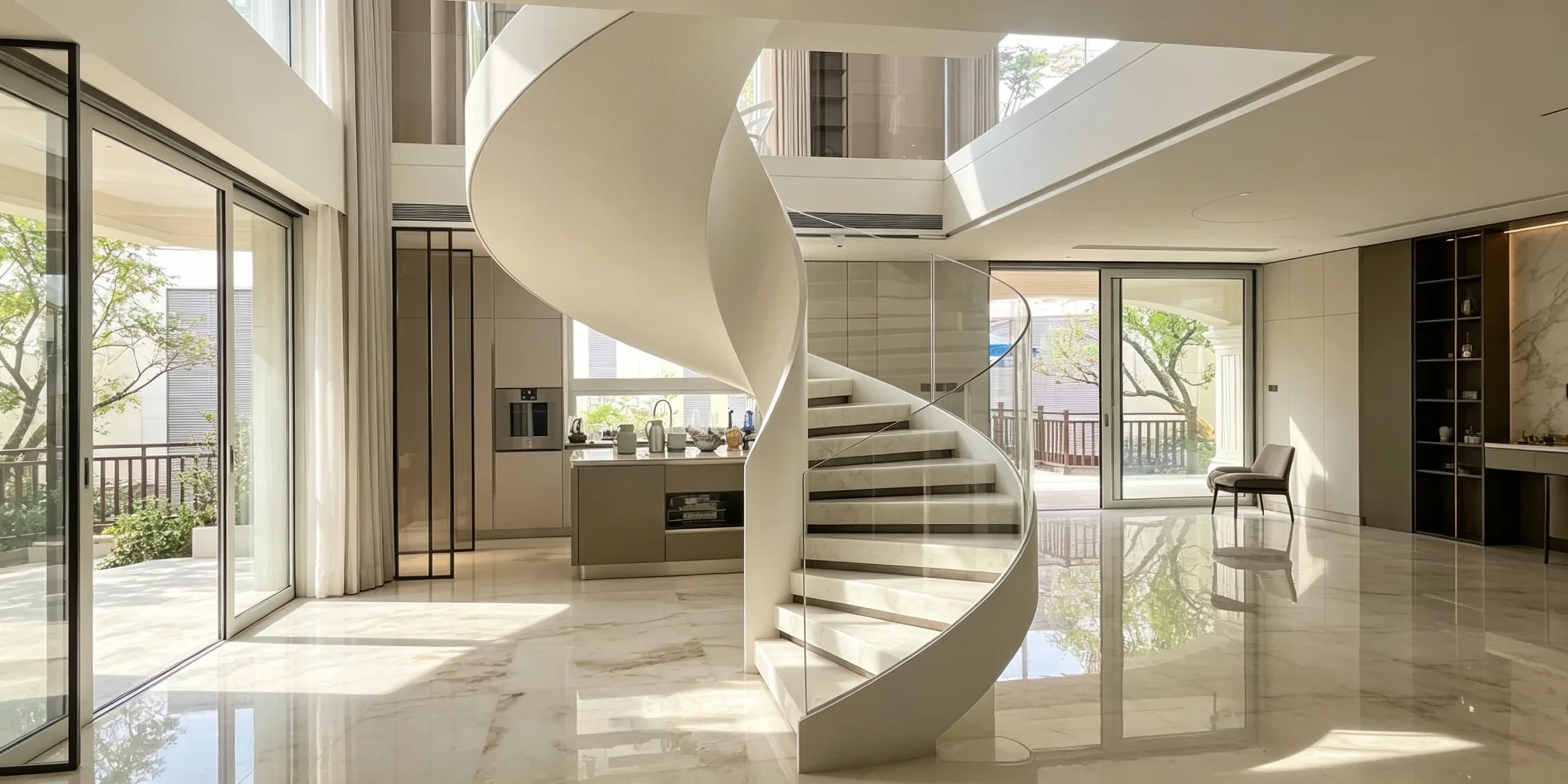 White helical staircase with curved glass railing in a luxury residential interior