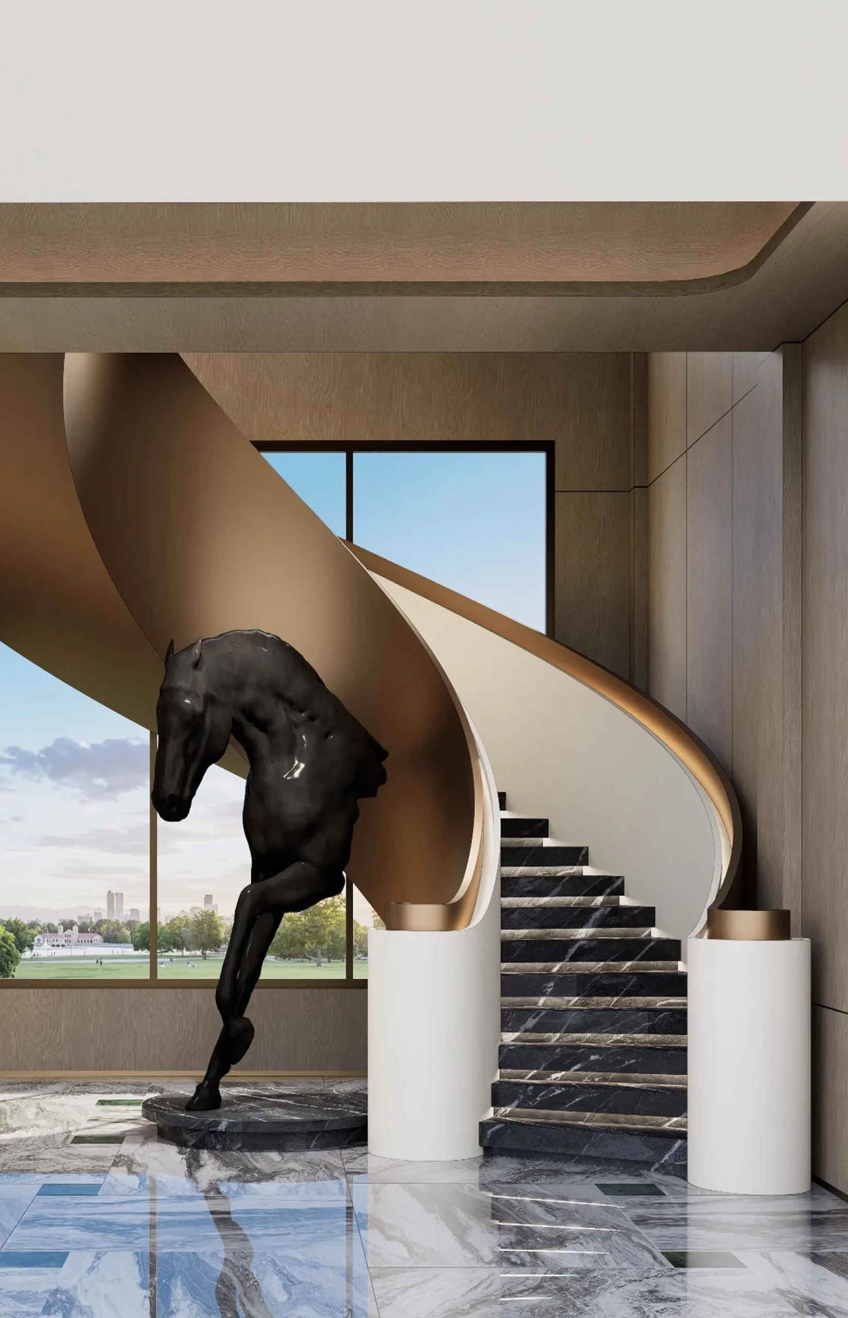 Luxury curved helical staircase with bronze finish and stone treads
